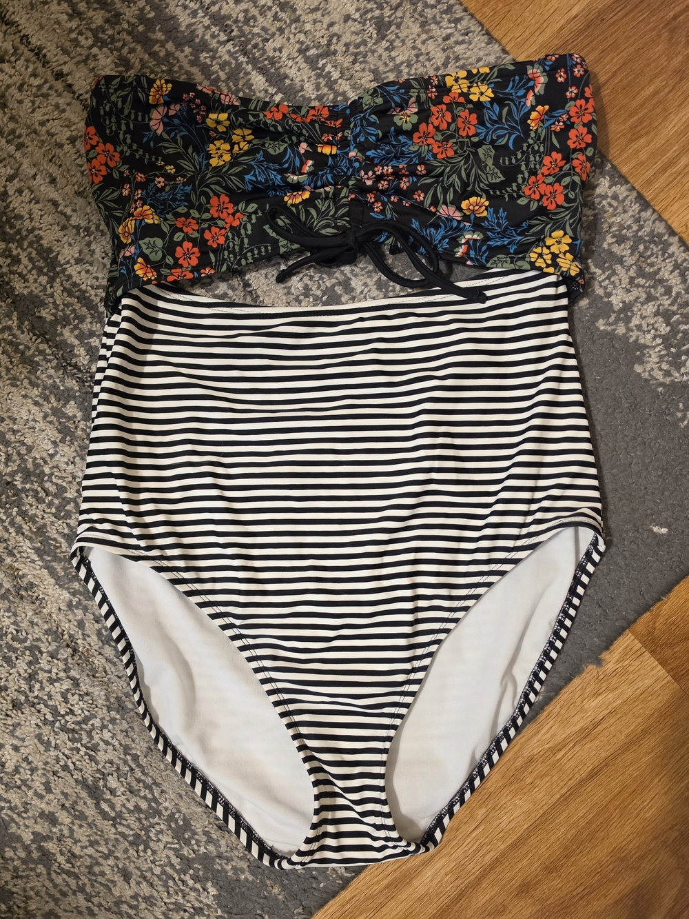 Time and Tru Black Floral Bandeau Bikini Top